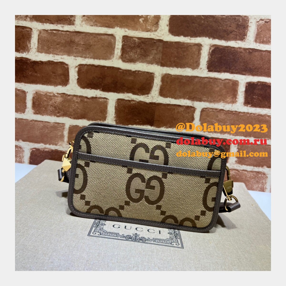 G*u*i perfect 696075 copy jumbo gg mini bag in camel and ebony gg canvas
