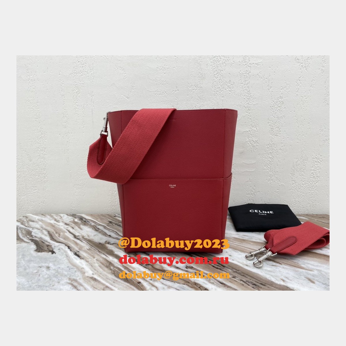 Discount Celine Sangle Seau Bucket Bag Red Calfskin