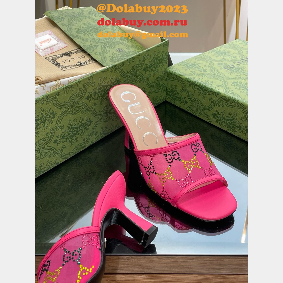 mid-heel slide sandal G*u*i monogrammed replica shoes