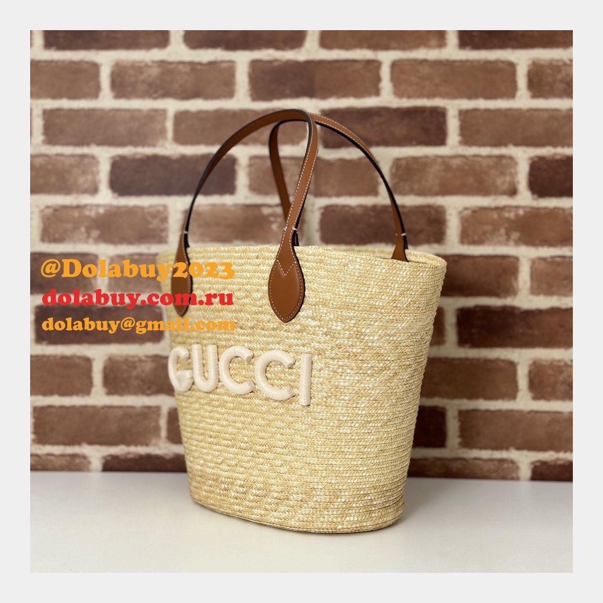 fashion medium straw tote with G*u*i patch 779530 fake bag